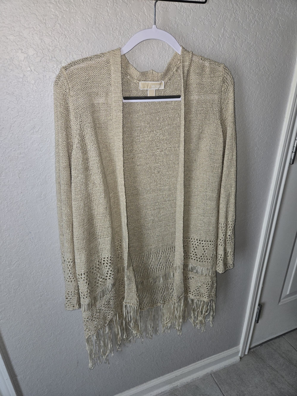 Michael Kors Bone Crochet Fringe Open Front Cardigan Size L